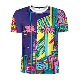 Мужская футболка 3D спортивная с принтом Токио в Белгороде, 100% полиэстер с улучшенными характеристиками | приталенный силуэт, круглая горловина, широкие плечи, сужается к линии бедра | азия | буквы | вывески | иероглифы | кислота | мегаполис | неон | неонуар | флуо | япония | яркий