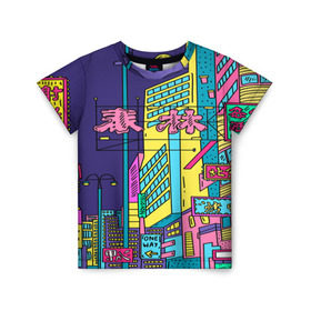 Детская футболка 3D с принтом Токио в Белгороде, 100% гипоаллергенный полиэфир | прямой крой, круглый вырез горловины, длина до линии бедер, чуть спущенное плечо, ткань немного тянется | азия | буквы | вывески | иероглифы | кислота | мегаполис | неон | неонуар | флуо | япония | яркий