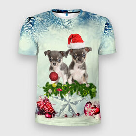 Мужская футболка 3D спортивная с принтом Милые собачки в Белгороде, 100% полиэстер с улучшенными характеристиками | приталенный силуэт, круглая горловина, широкие плечи, сужается к линии бедра | christmas | new year | год собаки | елка | елочки | новогодний | новый год | рождество | снег | снежинки | собака