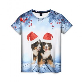 Женская футболка 3D с принтом Новогодние собачки в Белгороде, 100% полиэфир ( синтетическое хлопкоподобное полотно) | прямой крой, круглый вырез горловины, длина до линии бедер | christmas | new year | santa | год собаки | елка | елочки | новогодний | новый год | рождество | снег | снежинки | собака