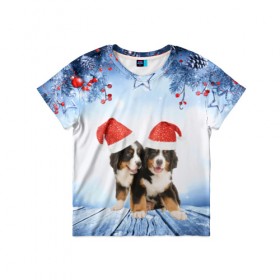 Детская футболка 3D с принтом Новогодние собачки в Белгороде, 100% гипоаллергенный полиэфир | прямой крой, круглый вырез горловины, длина до линии бедер, чуть спущенное плечо, ткань немного тянется | christmas | new year | santa | год собаки | елка | елочки | новогодний | новый год | рождество | снег | снежинки | собака