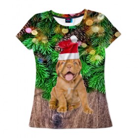 Женская футболка 3D с принтом DOG в Белгороде, 100% полиэфир ( синтетическое хлопкоподобное полотно) | прямой крой, круглый вырез горловины, длина до линии бедер | christmas | new year | santa | год собаки | дед мороз | елка | елочки | новогодний | новый год | рождество | сантаклаус | снег | снежинки | собака