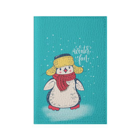 Обложка для паспорта матовая кожа с принтом Пингвин в шарфе в Белгороде, натуральная матовая кожа | размер 19,3 х 13,7 см; прозрачные пластиковые крепления | Тематика изображения на принте: зима | новый год | пингвин | подарок | рождество