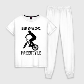 Женская пижама хлопок с принтом BMX FreeStyle в Белгороде, 100% хлопок | брюки и футболка прямого кроя, без карманов, на брюках мягкая резинка на поясе и по низу штанин | bmx | freestyle | велик | велосипед | трюки | экстрим