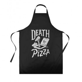 Фартук 3D с принтом Death By Pizza в Белгороде, 100% полиэстер | общий размер — 65 х 85 см, ширина нагрудника — 26 см, горловина — 53 см, длина завязок — 54 см, общий обхват в поясе — 173 см. Принт на завязках и на горловине наносится с двух сторон, на основной части фартука — только с внешней стороны | Тематика изображения на принте: рука | скелет | умереть от пицы