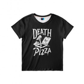 Детская футболка 3D с принтом Death By Pizza в Белгороде, 100% гипоаллергенный полиэфир | прямой крой, круглый вырез горловины, длина до линии бедер, чуть спущенное плечо, ткань немного тянется | Тематика изображения на принте: рука | скелет | умереть от пицы