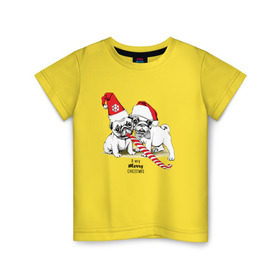 Детская футболка хлопок с принтом Мопсы в Белгороде, 100% хлопок | круглый вырез горловины, полуприлегающий силуэт, длина до линии бедер | Тематика изображения на принте: зима | мопс | новый год | подарок | рождество