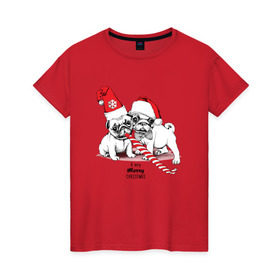 Женская футболка хлопок с принтом Мопсы в Белгороде, 100% хлопок | прямой крой, круглый вырез горловины, длина до линии бедер, слегка спущенное плечо | зима | мопс | новый год | подарок | рождество