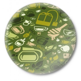 Значок с принтом Tea pattern в Белгороде,  металл | круглая форма, металлическая застежка в виде булавки | bombing | pattern | tea | бомбинг | листья | напиток | текстуры | узор | чай