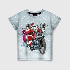Детская футболка 3D с принтом Санта Клаус байкер в Белгороде, 100% гипоаллергенный полиэфир | прямой крой, круглый вырез горловины, длина до линии бедер, чуть спущенное плечо, ткань немного тянется | байк | дед мороз | зима | мотоцикл | рождество | снег