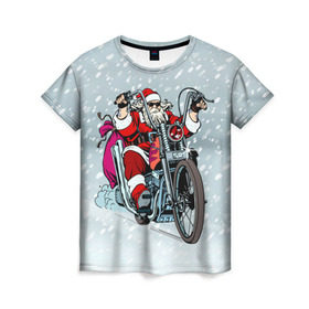 Женская футболка 3D с принтом Санта Клаус байкер в Белгороде, 100% полиэфир ( синтетическое хлопкоподобное полотно) | прямой крой, круглый вырез горловины, длина до линии бедер | байк | дед мороз | зима | мотоцикл | рождество | снег