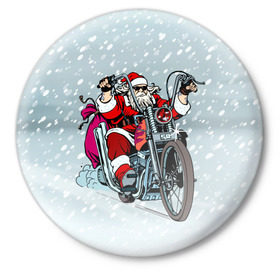 Значок с принтом Санта Клаус байкер в Белгороде,  металл | круглая форма, металлическая застежка в виде булавки | Тематика изображения на принте: байк | дед мороз | зима | мотоцикл | рождество | снег
