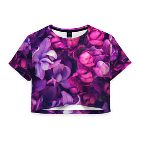 Женская футболка 3D укороченная с принтом цветы в Белгороде, 100% полиэстер | круглая горловина, длина футболки до линии талии, рукава с отворотами | botany | bouquet | flowers | fuchsia | leaves | magnolia | peony | pink | vintage | ботаника | букет | винтаж | листья | магнолия | пион | розовый | фуксия | цветы