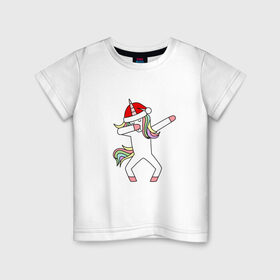Детская футболка хлопок с принтом Единорог в шапке Санты Дэб в Белгороде, 100% хлопок | круглый вырез горловины, полуприлегающий силуэт, длина до линии бедер | Тематика изображения на принте: дэб | единорог | новый год | санта