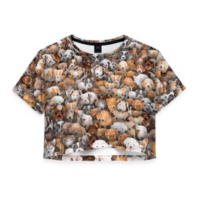 Женская футболка 3D укороченная с принтом Щенки в Белгороде, 100% полиэстер | круглая горловина, длина футболки до линии талии, рукава с отворотами | бультерьер | корги | мопс | паттерн | пес | питбуль | породы | собака | собачка | хаски | щенок