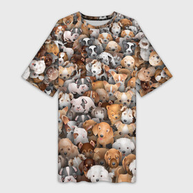 Платье-футболка 3D с принтом Щенки в Белгороде,  |  | бультерьер | корги | мопс | паттерн | пес | питбуль | породы | собака | собачка | хаски | щенок