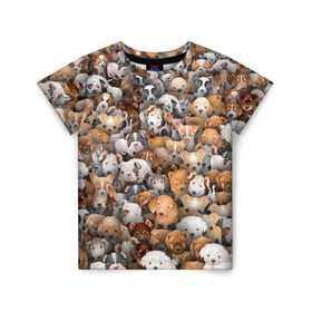 Детская футболка 3D с принтом Щенки в Белгороде, 100% гипоаллергенный полиэфир | прямой крой, круглый вырез горловины, длина до линии бедер, чуть спущенное плечо, ткань немного тянется | бультерьер | корги | мопс | паттерн | пес | питбуль | породы | собака | собачка | хаски | щенок