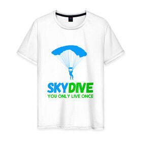 Мужская футболка хлопок с принтом skydive в Белгороде, 100% хлопок | прямой крой, круглый вырез горловины, длина до линии бедер, слегка спущенное плечо. | adrenaline | base jumping | extreme | jump | parachute | sky | skydive | адреналин | бейс | бейсджампинг | высота | небо | облака | парашют | полет | прыжок | риск | самолет | свобода | экстрим