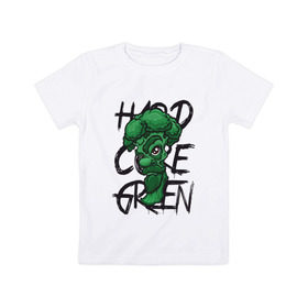 Детская футболка хлопок с принтом Брокколи Hardcore Green в Белгороде, 100% хлопок | круглый вырез горловины, полуприлегающий силуэт, длина до линии бедер | beard | broccoli | vegan | vegeterian | борода | брокколи | веган | вегетарианец | вегетарианство | зеленый | овощ | персонаж | слоган | усы