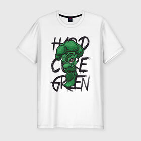 Мужская футболка премиум с принтом Брокколи Hardcore Green в Белгороде, 92% хлопок, 8% лайкра | приталенный силуэт, круглый вырез ворота, длина до линии бедра, короткий рукав | beard | broccoli | vegan | vegeterian | борода | брокколи | веган | вегетарианец | вегетарианство | зеленый | овощ | персонаж | слоган | усы