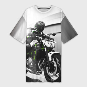 Платье-футболка 3D с принтом Kawasaki в Белгороде,  |  | motorbike | motorcycle | race | rider | ryder | speed | yamaha | байк | гонки | гонщик | кавасаки | мото | мотобайк | мотоцикл | райдер | скорость | ямаха