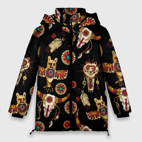 Женская зимняя куртка 3D с принтом Индейский орнамент в Белгороде, верх — 100% полиэстер; подкладка — 100% полиэстер; утеплитель — 100% полиэстер | длина ниже бедра, силуэт Оверсайз. Есть воротник-стойка, отстегивающийся капюшон и ветрозащитная планка. 

Боковые карманы с листочкой на кнопках и внутренний карман на молнии | amulets | bulls | feathers | indian ornament | masks | owls | patterns | skulls | tambourines | амулеты | бубны | быки | индейский орнамент | маски | перья | совы | узоры | черепа