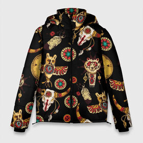 Мужская зимняя куртка 3D с принтом Индейский орнамент в Белгороде, верх — 100% полиэстер; подкладка — 100% полиэстер; утеплитель — 100% полиэстер | длина ниже бедра, свободный силуэт Оверсайз. Есть воротник-стойка, отстегивающийся капюшон и ветрозащитная планка. 

Боковые карманы с листочкой на кнопках и внутренний карман на молнии. | amulets | bulls | feathers | indian ornament | masks | owls | patterns | skulls | tambourines | амулеты | бубны | быки | индейский орнамент | маски | перья | совы | узоры | черепа