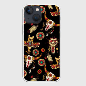 Чехол для iPhone 13 mini с принтом Индейский орнамент в Белгороде,  |  | amulets | bulls | feathers | indian ornament | masks | owls | patterns | skulls | tambourines | амулеты | бубны | быки | индейский орнамент | маски | перья | совы | узоры | черепа