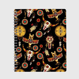 Тетрадь с принтом Индейский орнамент в Белгороде, 100% бумага | 48 листов, плотность листов — 60 г/м2, плотность картонной обложки — 250 г/м2. Листы скреплены сбоку удобной пружинной спиралью. Уголки страниц и обложки скругленные. Цвет линий — светло-серый
 | amulets | bulls | feathers | indian ornament | masks | owls | patterns | skulls | tambourines | амулеты | бубны | быки | индейский орнамент | маски | перья | совы | узоры | черепа