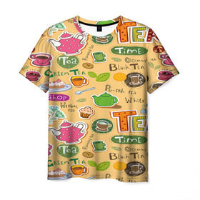 Мужская футболка 3D с принтом Tea bombing в Белгороде, 100% полиэфир | прямой крой, круглый вырез горловины, длина до линии бедер | Тематика изображения на принте: char | tea | tea party | еда | конфеты | лимон | напиток | печенье | сладости | тортики | чай | чашка