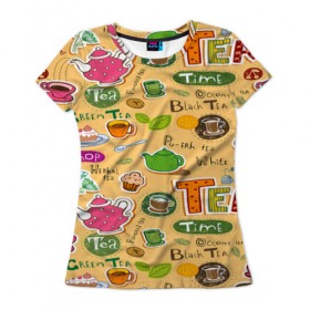 Женская футболка 3D с принтом Tea bombing в Белгороде, 100% полиэфир ( синтетическое хлопкоподобное полотно) | прямой крой, круглый вырез горловины, длина до линии бедер | char | tea | tea party | еда | конфеты | лимон | напиток | печенье | сладости | тортики | чай | чашка