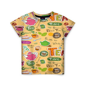 Детская футболка 3D с принтом Tea bombing в Белгороде, 100% гипоаллергенный полиэфир | прямой крой, круглый вырез горловины, длина до линии бедер, чуть спущенное плечо, ткань немного тянется | char | tea | tea party | еда | конфеты | лимон | напиток | печенье | сладости | тортики | чай | чашка