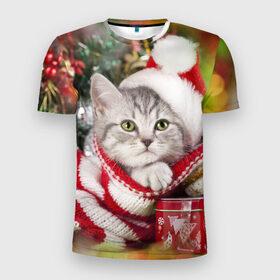 Мужская футболка 3D спортивная с принтом Новогодний котик в Белгороде, 100% полиэстер с улучшенными характеристиками | приталенный силуэт, круглая горловина, широкие плечи, сужается к линии бедра | елка | зима | кот | котейка | кошка | мороз | новый год | снег