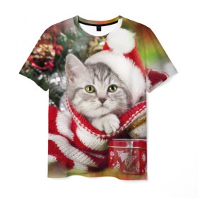 Мужская футболка 3D с принтом Новогодний котик в Белгороде, 100% полиэфир | прямой крой, круглый вырез горловины, длина до линии бедер | елка | зима | кот | котейка | кошка | мороз | новый год | снег