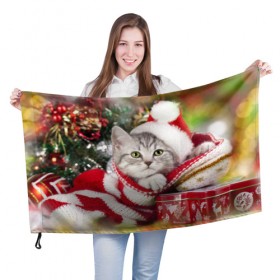 Флаг 3D с принтом Новогодний котик в Белгороде, 100% полиэстер | плотность ткани — 95 г/м2, размер — 67 х 109 см. Принт наносится с одной стороны | елка | зима | кот | котейка | кошка | мороз | новый год | снег