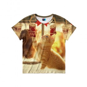 Детская футболка 3D с принтом Сюрпризы от Деда Мороза в Белгороде, 100% гипоаллергенный полиэфир | прямой крой, круглый вырез горловины, длина до линии бедер, чуть спущенное плечо, ткань немного тянется | елка | зима | кот | котейка | кошка | мороз | новый год | снег | снежинки