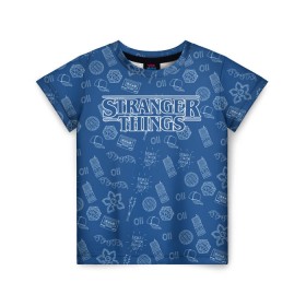 Детская футболка 3D с принтом Очень Странные дела Бомбинг в Белгороде, 100% гипоаллергенный полиэфир | прямой крой, круглый вырез горловины, длина до линии бедер, чуть спущенное плечо, ткань немного тянется | stranger things | паттерн | синий