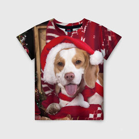 Детская футболка 3D с принтом Прикольный Санта в Белгороде, 100% гипоаллергенный полиэфир | прямой крой, круглый вырез горловины, длина до линии бедер, чуть спущенное плечо, ткань немного тянется | Тематика изображения на принте: елка | новый год | пес | снег | снежинки | собака | щенок