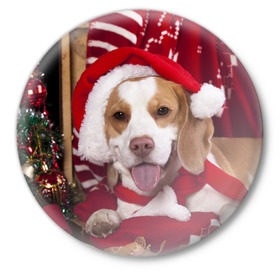 Значок с принтом Прикольный Санта в Белгороде,  металл | круглая форма, металлическая застежка в виде булавки | Тематика изображения на принте: елка | новый год | пес | снег | снежинки | собака | щенок
