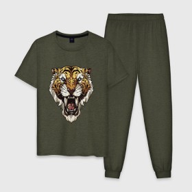 Мужская пижама хлопок с принтом Тигр тигр тигрррррррр в Белгороде, 100% хлопок | брюки и футболка прямого кроя, без карманов, на брюках мягкая резинка на поясе и по низу штанин
 | оскал | тигр