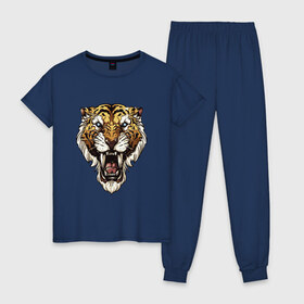 Женская пижама хлопок с принтом Тигр тигр тигрррррррр в Белгороде, 100% хлопок | брюки и футболка прямого кроя, без карманов, на брюках мягкая резинка на поясе и по низу штанин | оскал | тигр