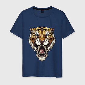 Мужская футболка хлопок с принтом Тигр тигр тигрррррррр в Белгороде, 100% хлопок | прямой крой, круглый вырез горловины, длина до линии бедер, слегка спущенное плечо. | оскал | тигр