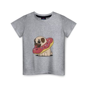 Детская футболка хлопок с принтом Мопс пончик в Белгороде, 100% хлопок | круглый вырез горловины, полуприлегающий силуэт, длина до линии бедер | мопс | новый год | пончик