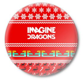 Значок с принтом Праздничный Imagine Dragons в Белгороде,  металл | круглая форма, металлическая застежка в виде булавки | dragons | imagine | альтернативный | американская | арена | бэн макки | группа | драгонс | дэн | дэн рейнольдс | знак | имеджин | инди | индирок | красный | надпись | новогодний | новый год | поп | праздник