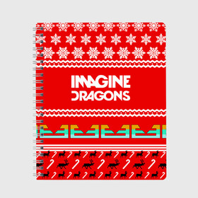 Тетрадь с принтом Праздничный Imagine Dragons в Белгороде, 100% бумага | 48 листов, плотность листов — 60 г/м2, плотность картонной обложки — 250 г/м2. Листы скреплены сбоку удобной пружинной спиралью. Уголки страниц и обложки скругленные. Цвет линий — светло-серый
 | Тематика изображения на принте: dragons | imagine | альтернативный | американская | арена | бэн макки | группа | драгонс | дэн | дэн рейнольдс | знак | имеджин | инди | индирок | красный | надпись | новогодний | новый год | поп | праздник