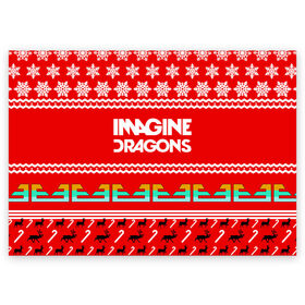 Поздравительная открытка с принтом Праздничный Imagine Dragons в Белгороде, 100% бумага | плотность бумаги 280 г/м2, матовая, на обратной стороне линовка и место для марки
 | Тематика изображения на принте: dragons | imagine | альтернативный | американская | арена | бэн макки | группа | драгонс | дэн | дэн рейнольдс | знак | имеджин | инди | индирок | красный | надпись | новогодний | новый год | поп | праздник