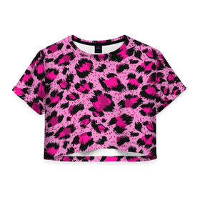 Женская футболка 3D укороченная с принтом Розовый леопард в Белгороде, 100% полиэстер | круглая горловина, длина футболки до линии талии, рукава с отворотами | гепард | леопард