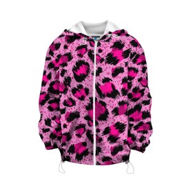Детская куртка 3D с принтом Розовый леопард в Белгороде, 100% полиэстер | застежка — молния, подол и капюшон оформлены резинкой с фиксаторами, по бокам — два кармана без застежек, один потайной карман на груди, плотность верхнего слоя — 90 г/м2; плотность флисового подклада — 260 г/м2 | Тематика изображения на принте: гепард | леопард