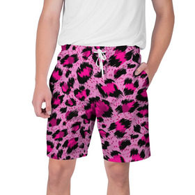 Мужские шорты 3D с принтом Розовый леопард в Белгороде,  полиэстер 100% | прямой крой, два кармана без застежек по бокам. Мягкая трикотажная резинка на поясе, внутри которой широкие завязки. Длина чуть выше колен | гепард | леопард