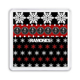 Магнит 55*55 с принтом Праздничный Ramones в Белгороде, Пластик | Размер: 65*65 мм; Размер печати: 55*55 мм | ramones | группа | джонни | джоуи | ди ди томми | знак | красный | марк | надпись | новогодний | новый год | панк | поп | праздник | раманес | раманэс | рамон | рамонес | рамонэс | рамоун | рамоунз | рамоунс